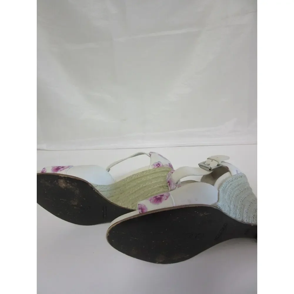COLE HAAN Women's Purple Floral Print 6 1/2B Peep Toe Wedge T-Strap Heels